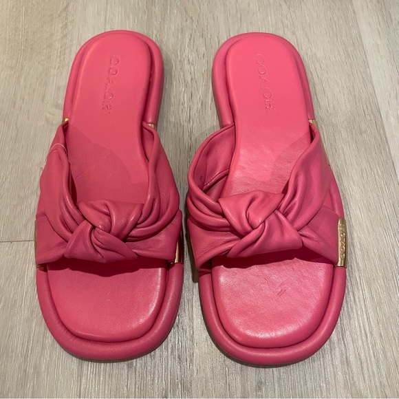 COACH Brooklyn Bright Barbie Pink and Gold Leather Sandals Slides NEW - Picture 7 of 9